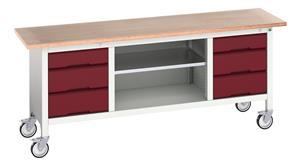 16923234.** verso mobile storage bench (mpx) with 3 drw cab / mid shlf / 3 drw cab. WxDxH: 2000x600x830mm. RAL 7035/5010 or selected